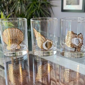 Three Vintage CULVER 22k MCM Style Seashell Rocks Whiskey Old Fashioned Glasses